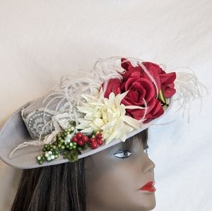 Gray Woman's Hat Roses Feather Lace Accents Tea Party Church Kentucky Derby